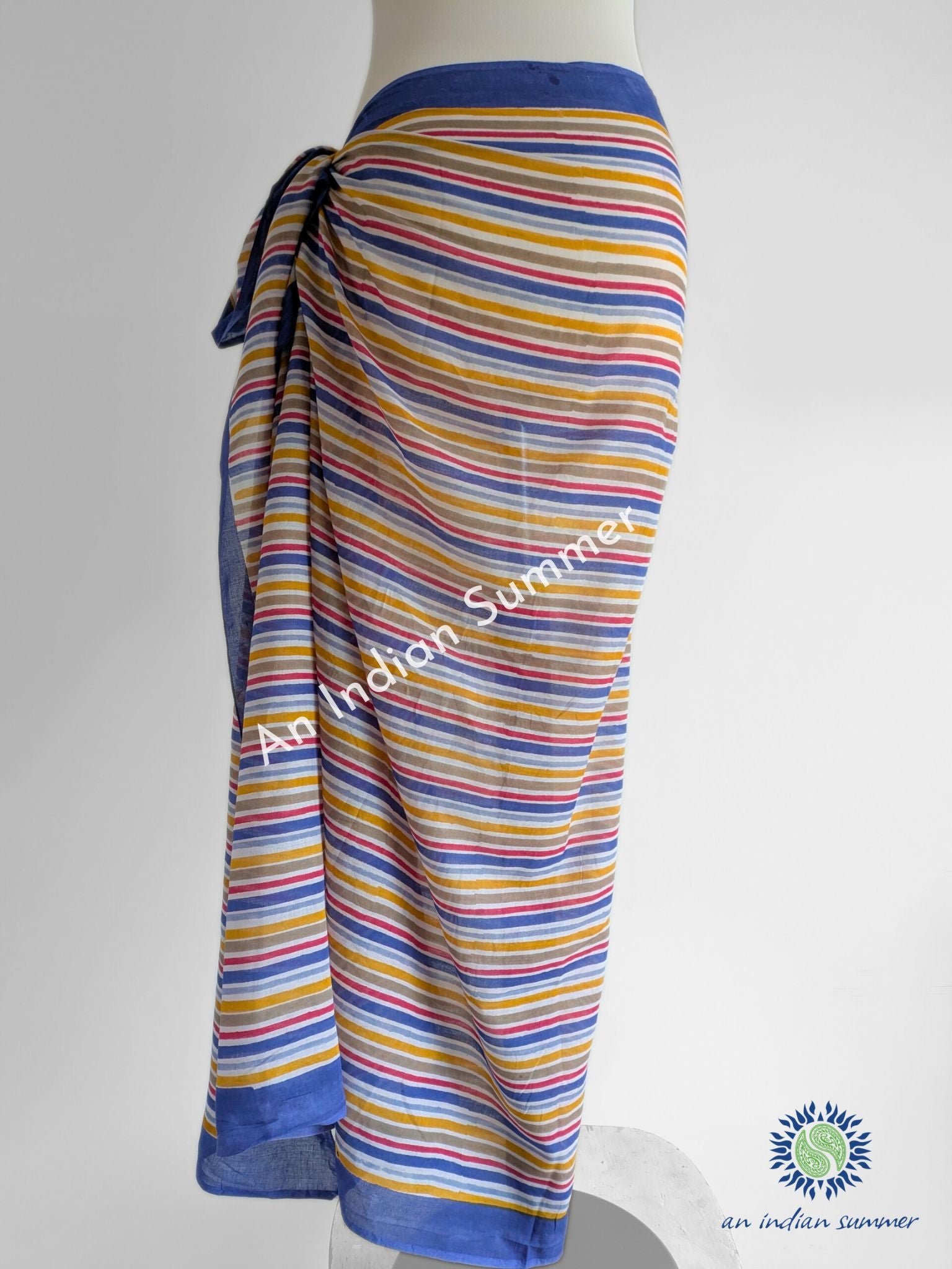 Stripes Sarong | Natural Dyed Plant Dyes | Abstract Design Geometric Print | Hand Block Printed | Cotton Voile | An Indian Summer | Luxury Resortwear Swimwear Beachwear | Seasonless Timeless Sustainable Ethical Authentic Artisan Conscious Clothing Lifestyle Brand