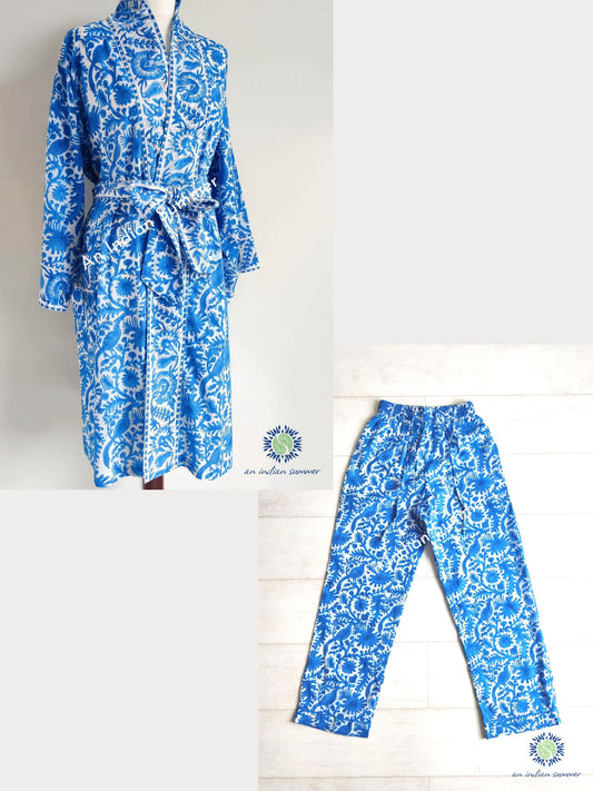 Lounge Set Birdsong Blue | Short Kimono Robe & Lounge Pants | Hand Block Printed | Cotton | An Indian Summer | Seasonless Timeless Sustainable Ethical Authentic Artisan Conscious Clothing Lifestyle Brand
