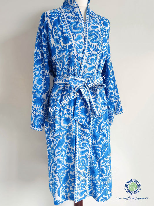 Kimono Robe | Birdsong | Blue | Wood Block Print | Hand Block Printed | Cotton | An Indian Summer | Seasonless Timeless Sustainable Ethical Authentic Artisan Conscious Clothing Lifestyle Brand