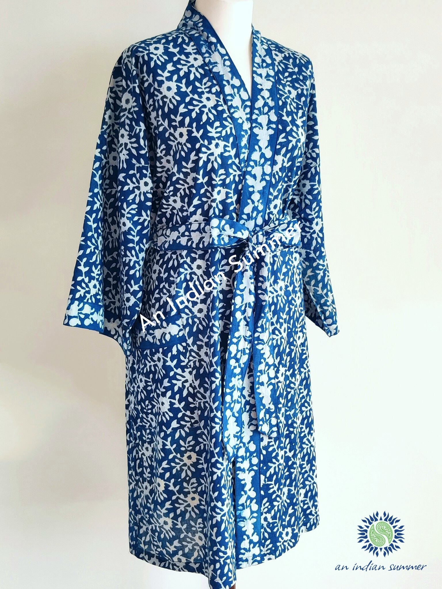 Men's Cotton Handprinted House Robe Kimono Indigo Floral Mughal Bloom, Floral Mens Silk Robe
