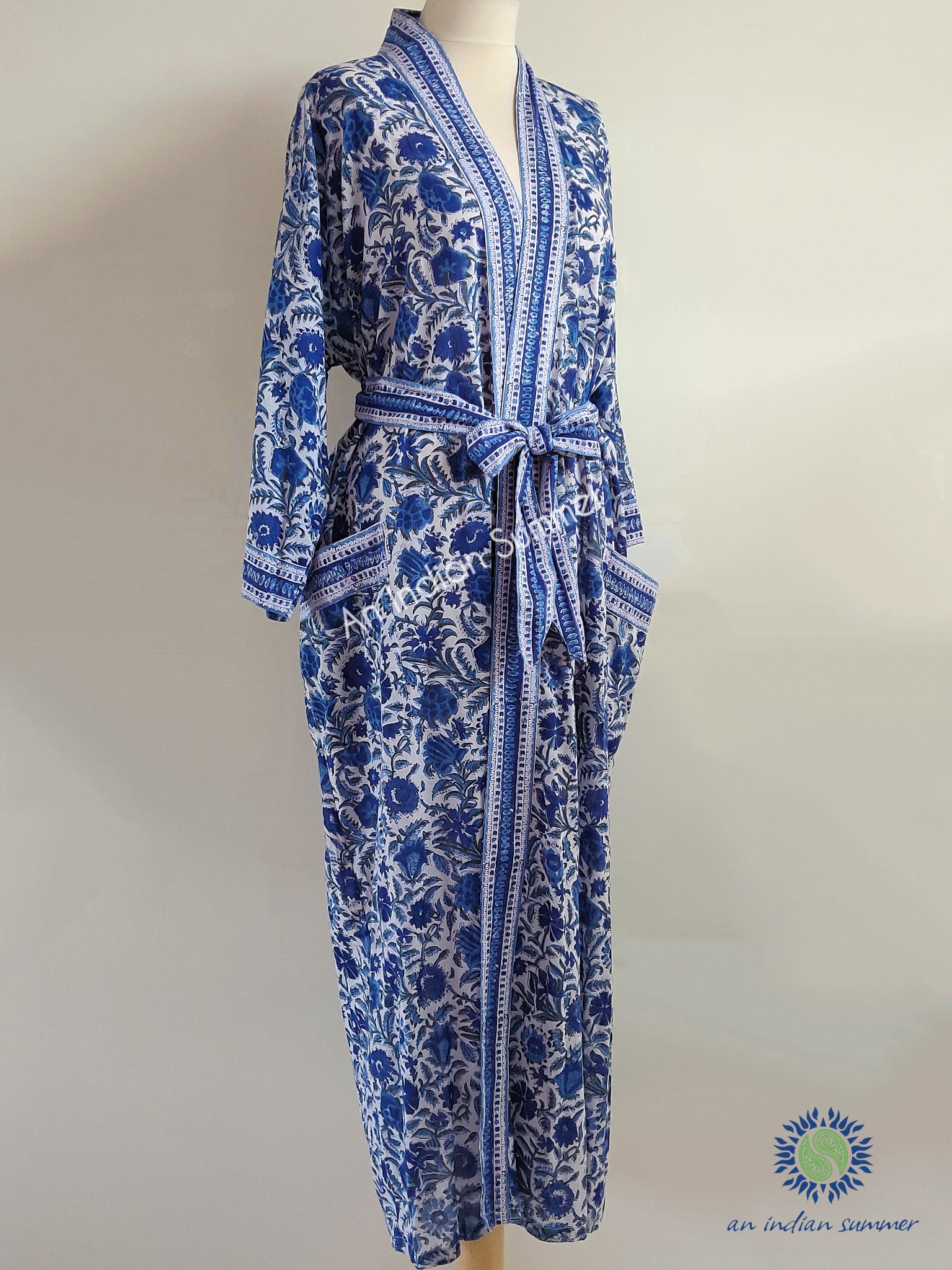 Long Kimono Robe - Floral Block Print - Chinoiserie – An Indian Summer